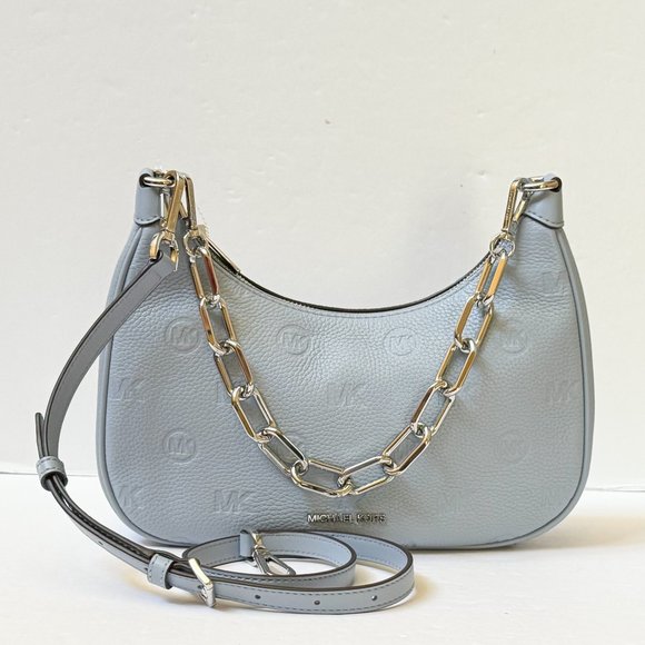 Michael Kors CORA Large Zip Shoulder Crossbody Bag MK Embossed Pale Blue - Picture 1 of 15